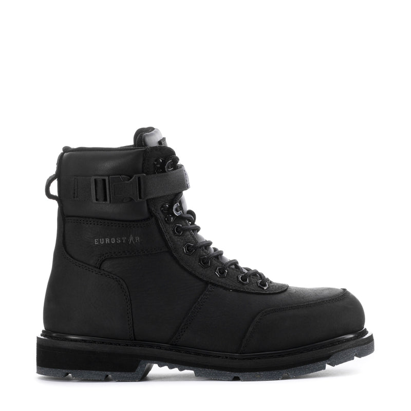 Men's black high-top lace-up boots with ankle strap and rugged tread sole