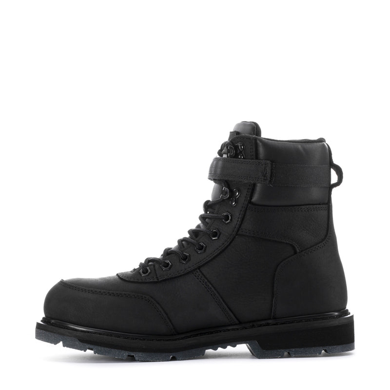 Men's black high-top lace-up boots with padded collar and ankle strap