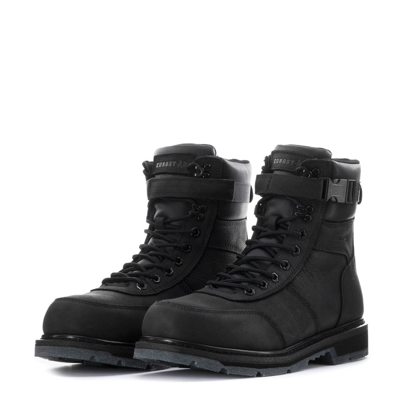 Pair of men's black lace-up high-top boots with chunky rubber outsole