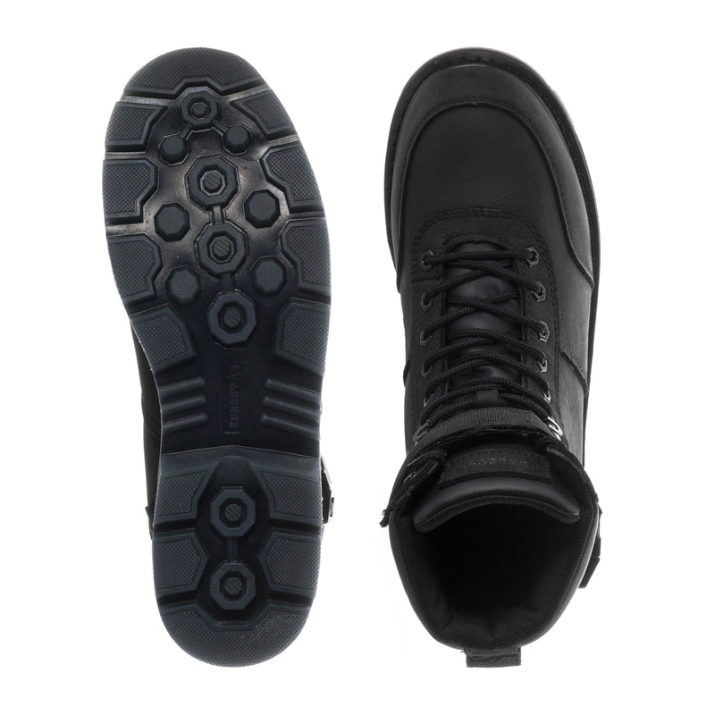 Men's black boot outsole and side view showing thick tread and lace-up upper