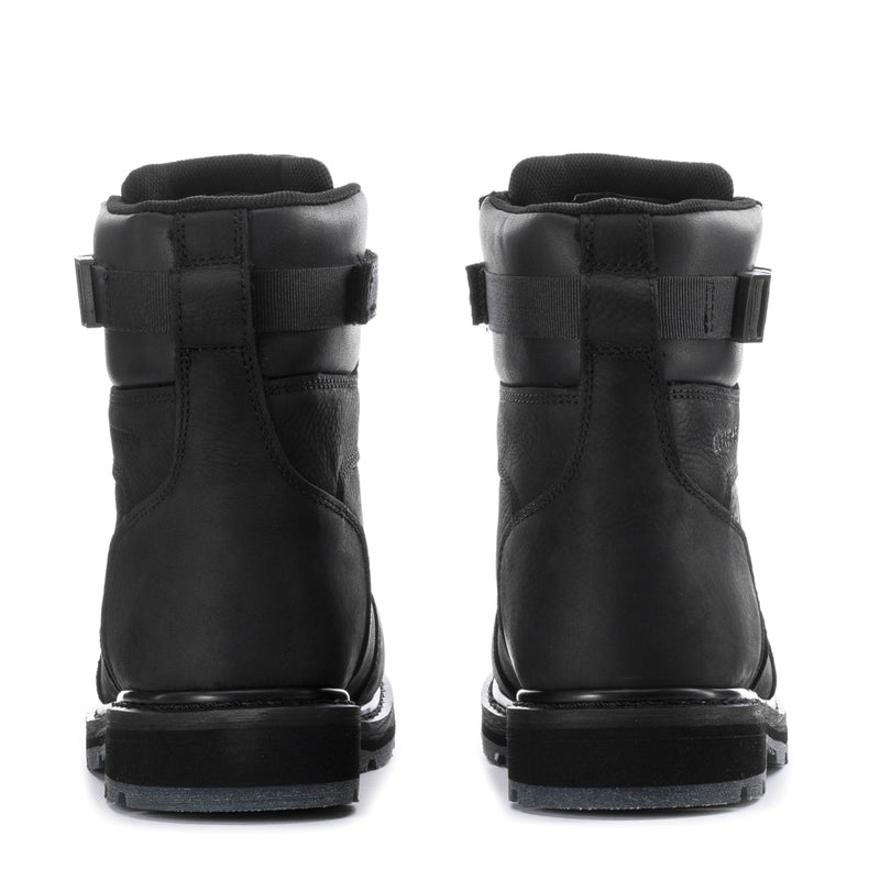Men's black lace-up high-top boots, back view with heel tab and tread sole
