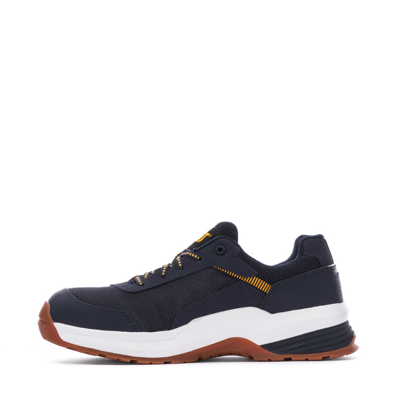 Men's CAT safety sneaker, navy upper with white midsole and gum-brown rubber outsole