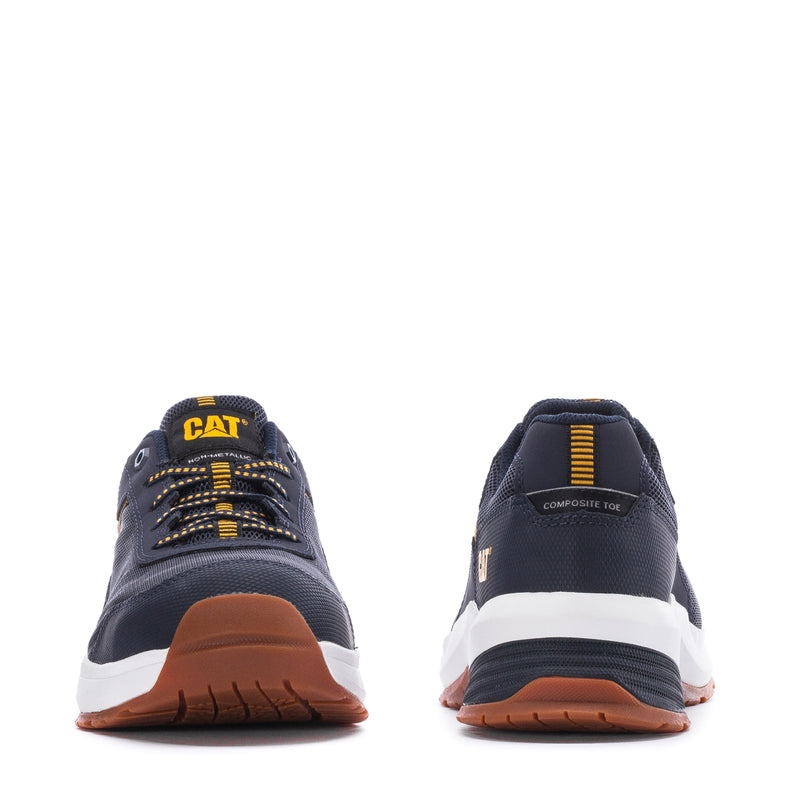 Men's CAT safety sneaker heel and front, navy upper, white sole, orange-brown outsole