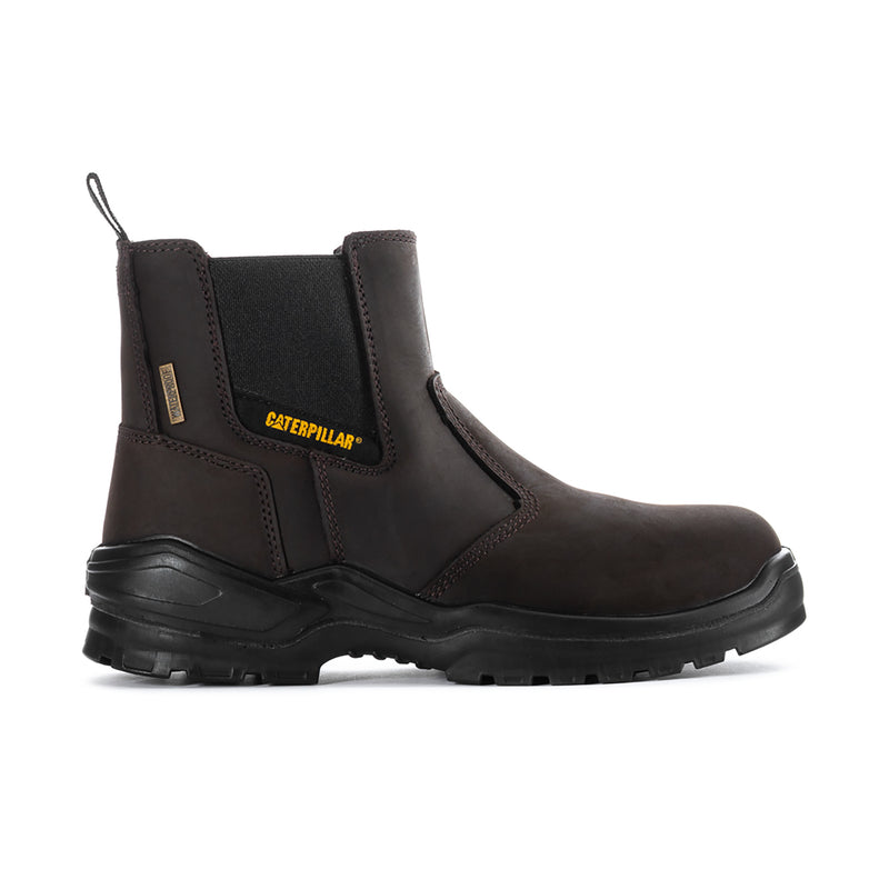 Men's brown waterproof steel-toe Chelsea work boot with side elastic panels and rugged sole.