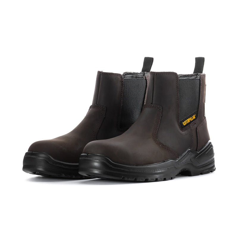 Men's brown Chelsea work boot with pull tabs and black rubber outsole.