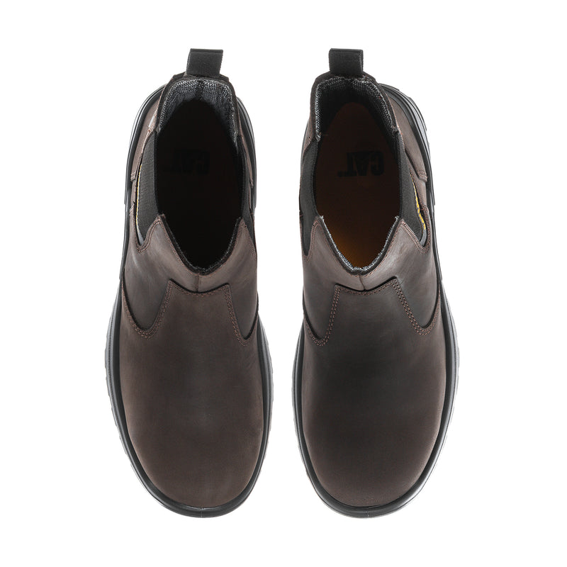 Men's brown steel-toe Chelsea boots showing inner lining and rounded toe openings.