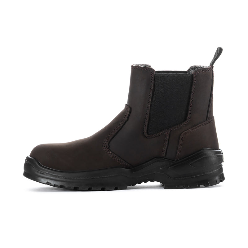 Men's brown Chelsea boot with elastic gore panels and chunky treaded sole.