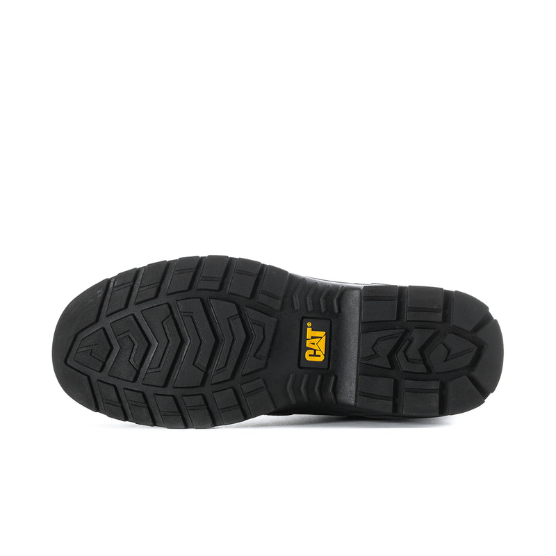 Men's boot outsole with deep tread pattern and logo patch on the midfoot.