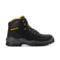 Men's black lace-up work boot with CAT logo and padded ankle collar, rubber sole