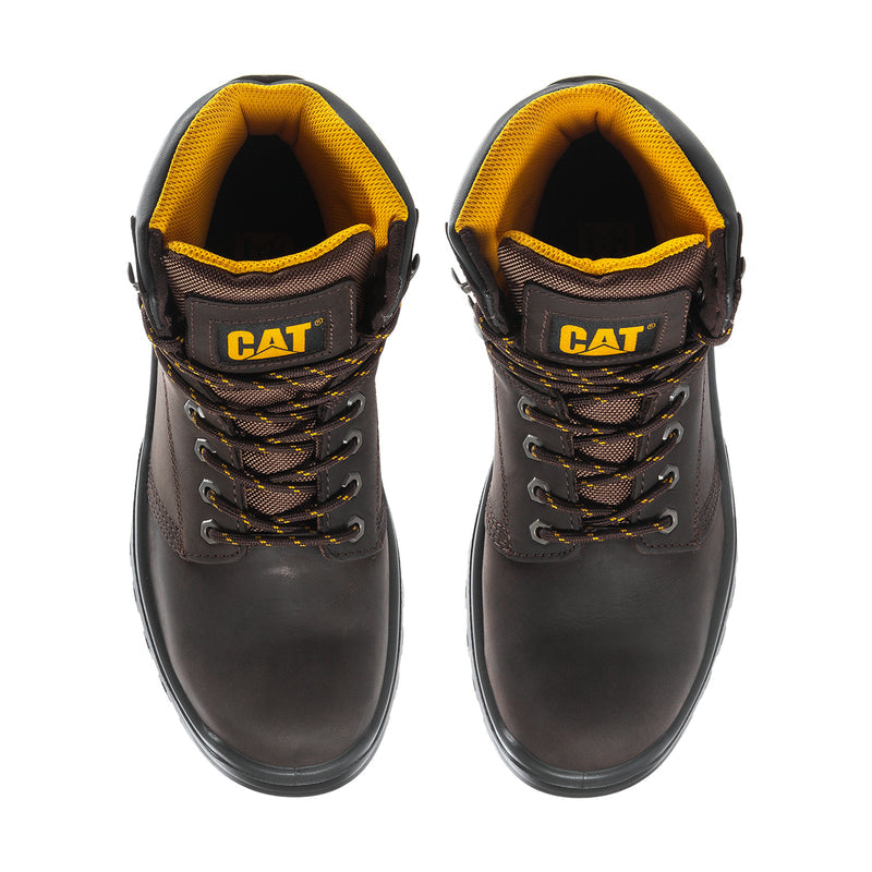 Pair of dark brown steel toe boots with yellow-lined openings and CAT logo tongues