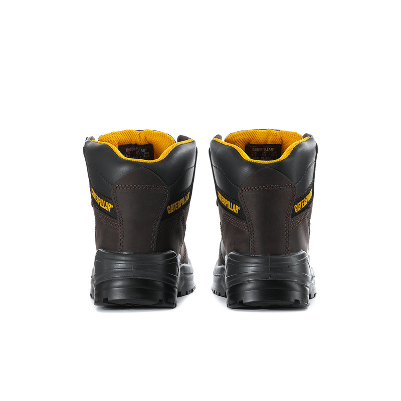 Back view of dark brown steel toe work boots with padded heel and CAT branding