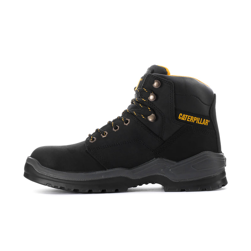 Men's black lace-up work boot with CATERPILLAR side logo and padded collar, rubber sole