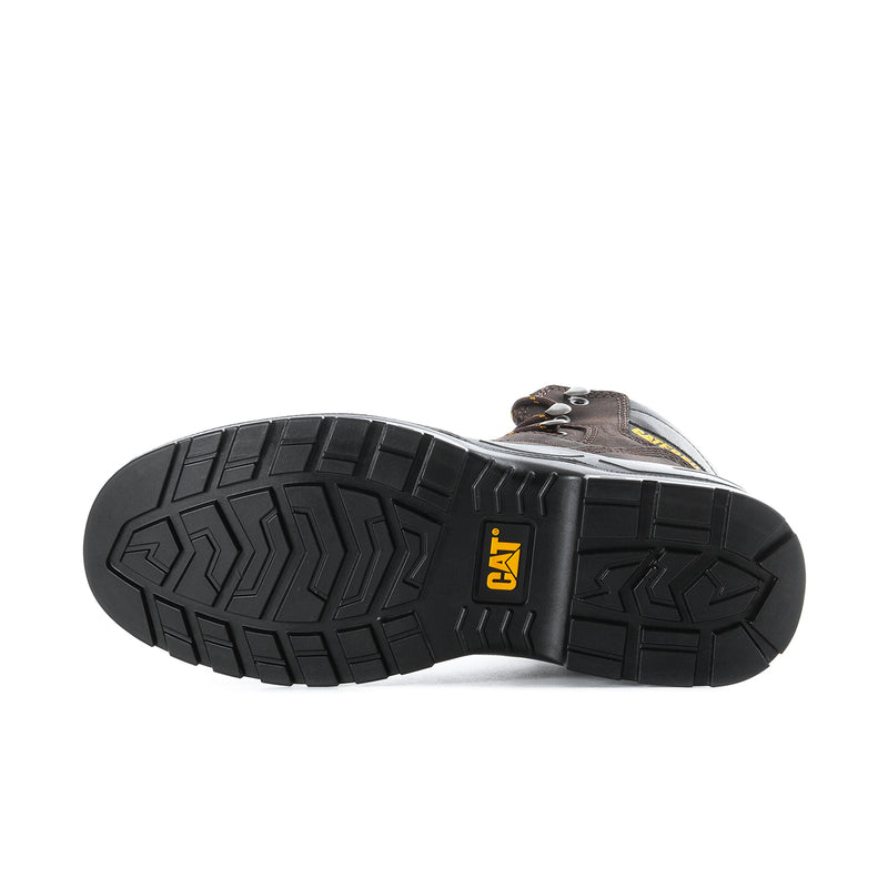 Steel toe boot outsole with deep tread pattern and CAT heel logo on dark rubber