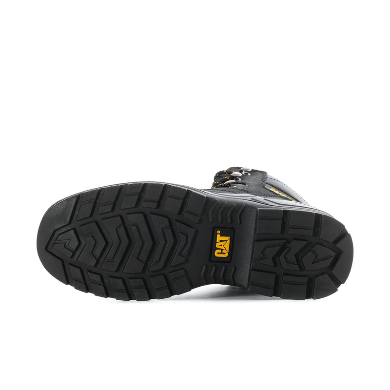 Men's work boot outsole tread pattern with CAT label on rubber sole