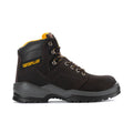 Men's wide work boot in dark brown leather, yellow collar lining, lace-up with CAT logo.