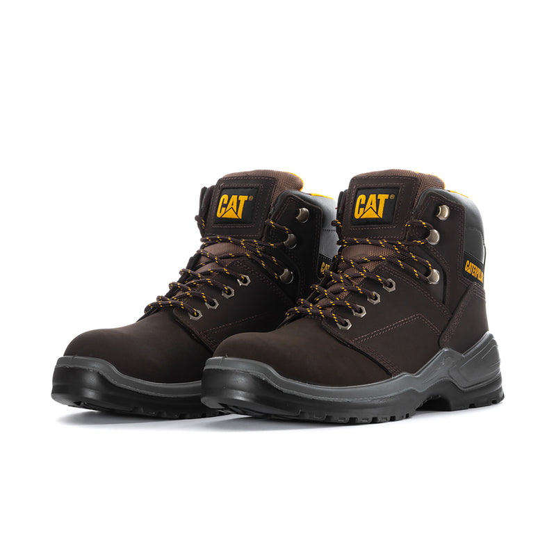 Men's wide work boots in dark brown, lace-up pair view, thick tread sole, CAT badges.