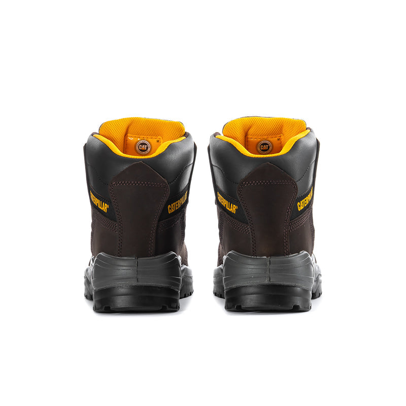 Men's wide work boots, dark brown with yellow padded collar and rugged black outsole.
