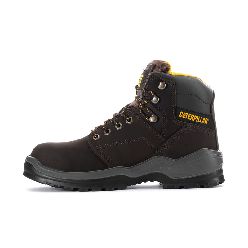 Men's wide work boot, dark brown leather, lace-up, yellow collar, CATERPILLAR logo tab.