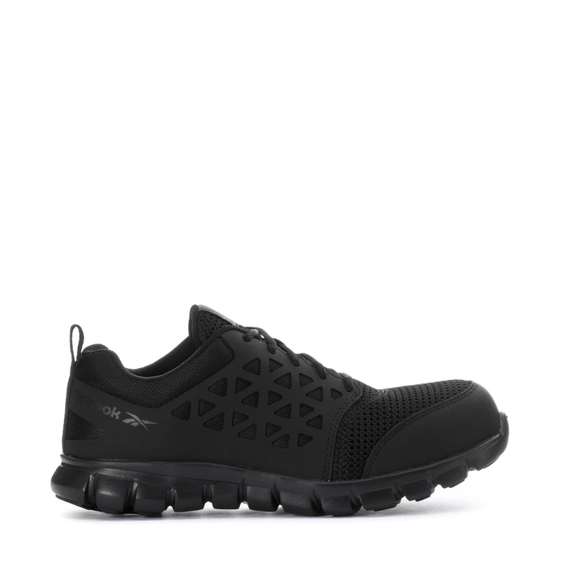 Men's black composite-toe work shoe with textured upper and cushioned sole