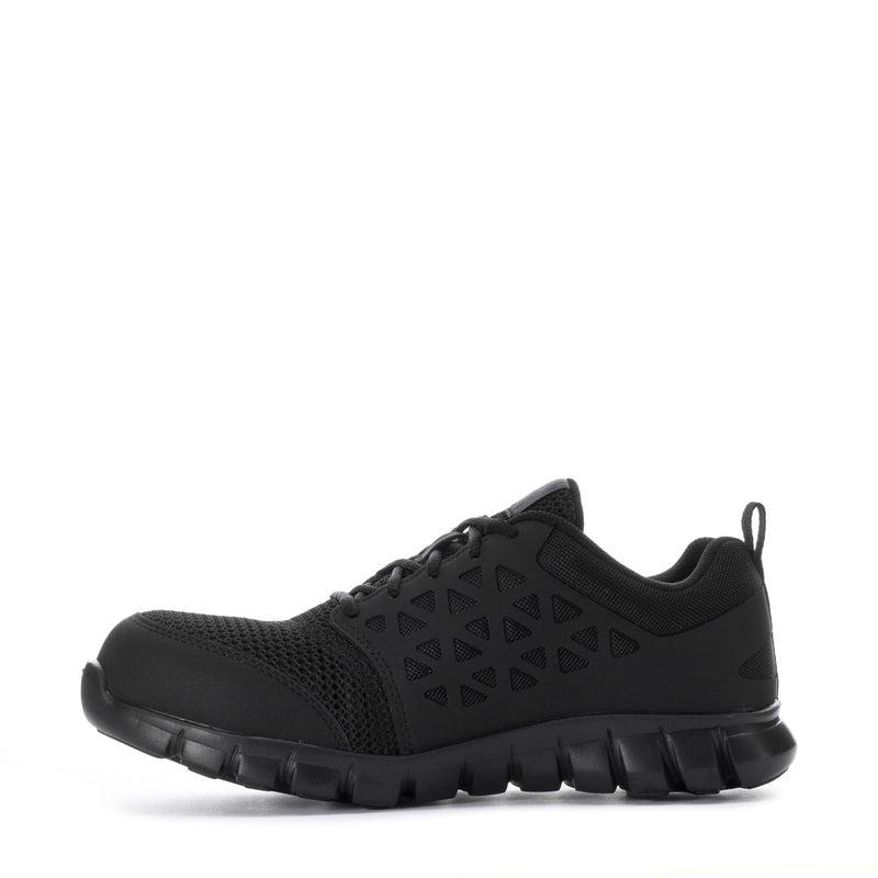 Men's black composite-toe work shoe, side profile with lace-up and tread sole