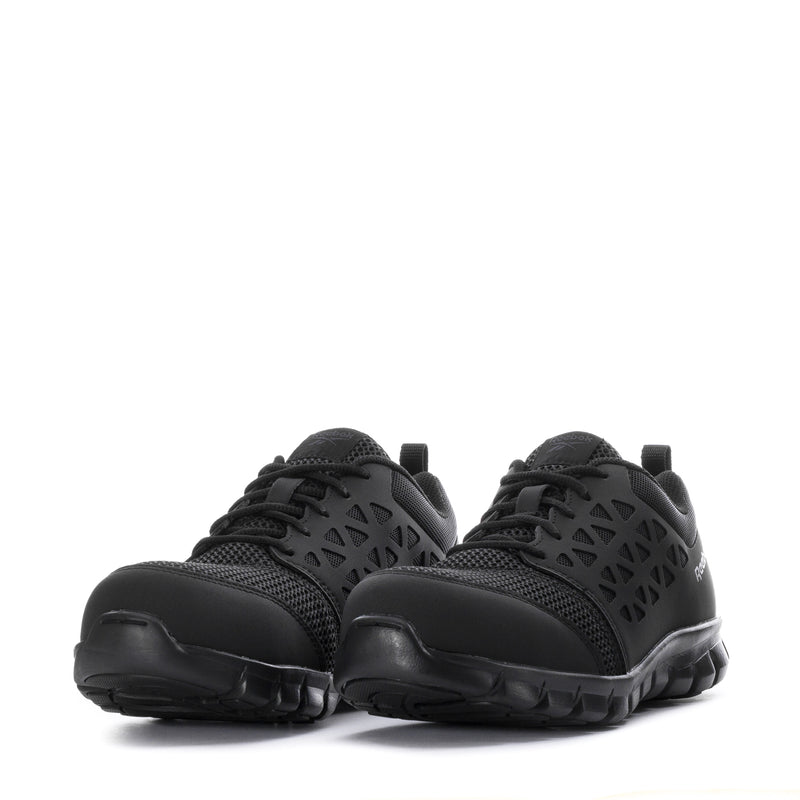 Pair of men's black composite-toe work shoes, front view with lace-up upper