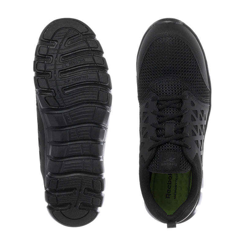 Men's black composite-toe work shoe, outsole and side view with tread pattern