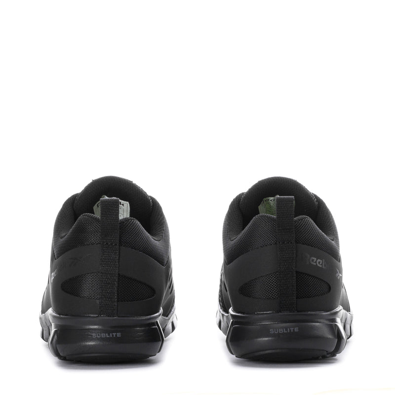 Men's black composite-toe work shoe, rear heel view with pull-tab and cushioned sole