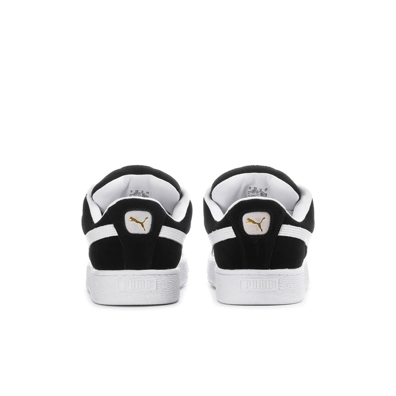 Black suede sneakers with white heel stripes and white rubber sole