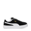 Black suede youth sneakers with white side stripe and textured white sole