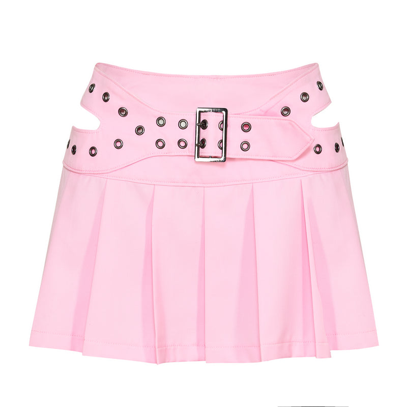 Pink pleated skirt with decorative belt on a white background