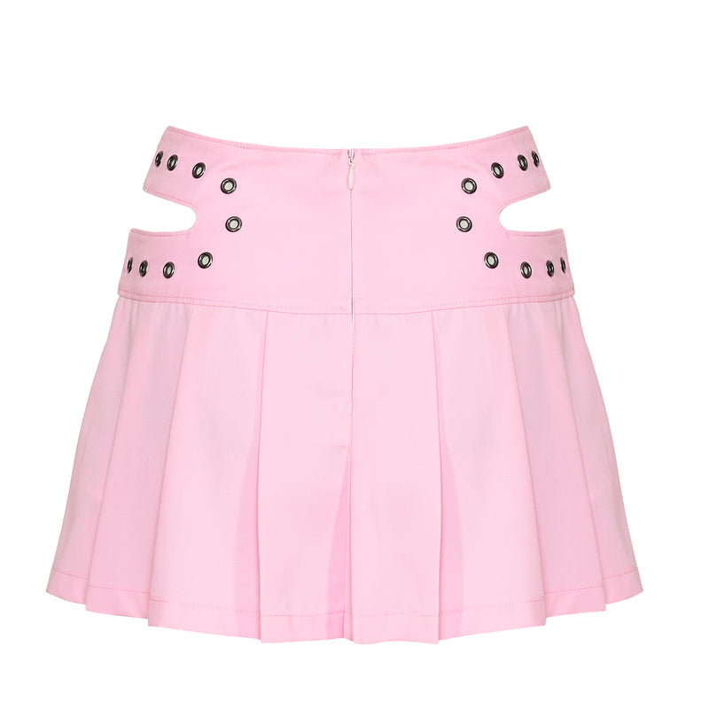 Pink skirt with cut-out sides and button details on a white background