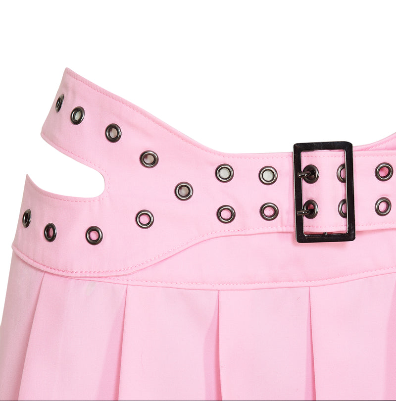 Close-up of a pink pleated skirt with black buckle and grommets on a white background