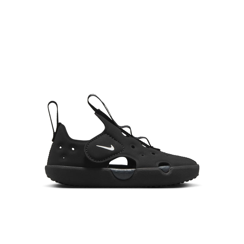 Side view toddler Nike black sandal with lace-style straps and cushioned sole