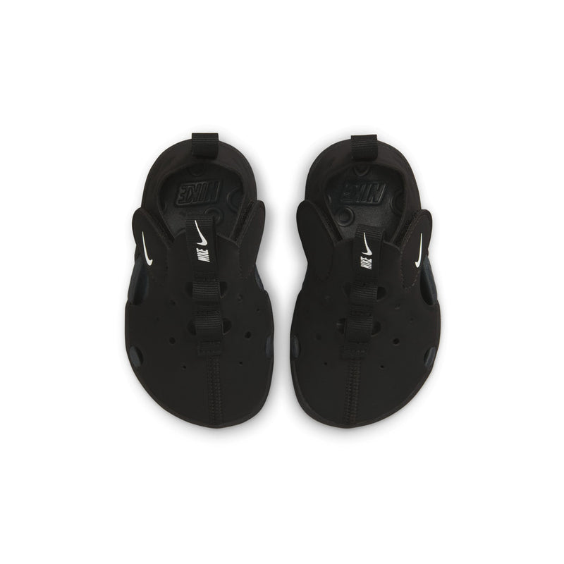 Back view toddler Nike black sandals with heel straps and molded heel cup