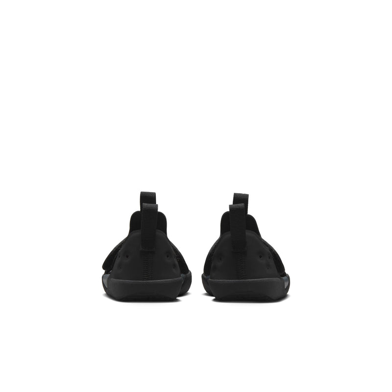 Rear view toddler Nike black sandals with padded heel and adjustable strap tabs