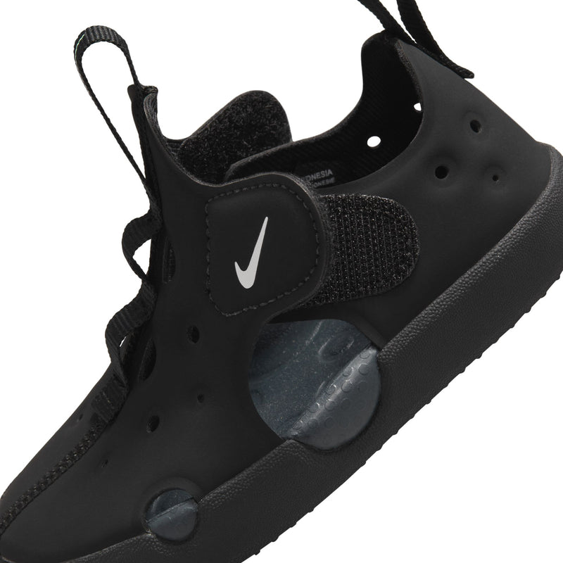 Toddler Nike black sandal with swoosh logo, perforated upper, and adjustable strap