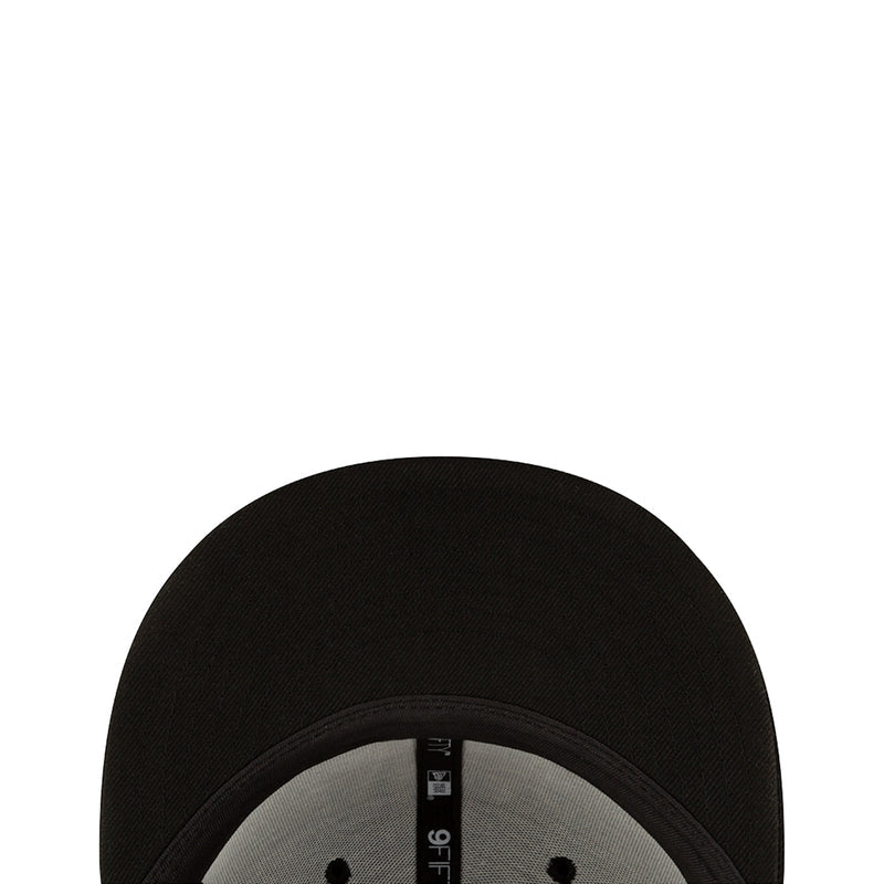 Black baseball cap with gray inner band and visible size label