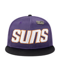Two-tone basketball cap in purple with black brim, front SUNS lettering patch