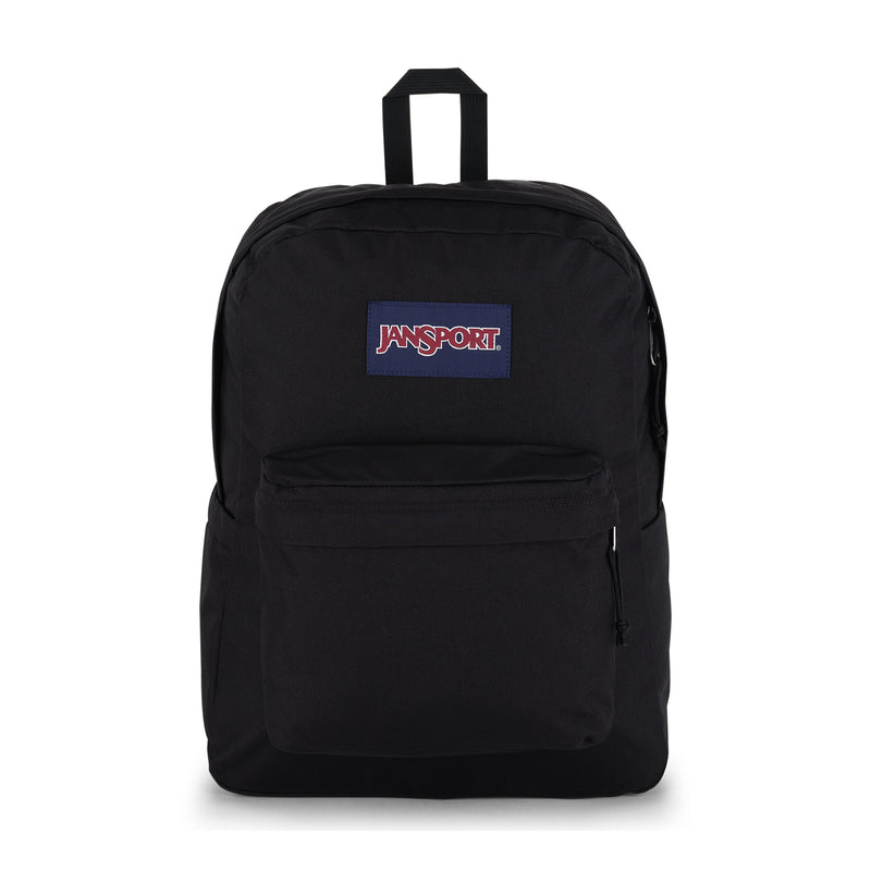 Black JanSport Superbreak Plus backpack, centered front view with logo patch