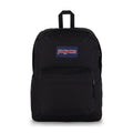Black JanSport Superbreak Plus backpack, centered front view with logo patch