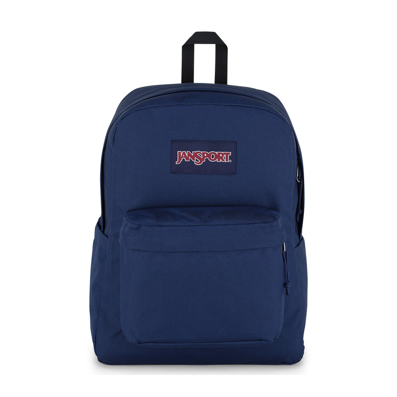 Navy Jansport backpack with front zip pocket and padded top handle