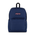 Navy Jansport backpack with front zip pocket and padded top handle