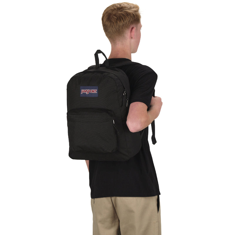 Black JanSport Superbreak Plus backpack, back view with logo patch and zip pockets