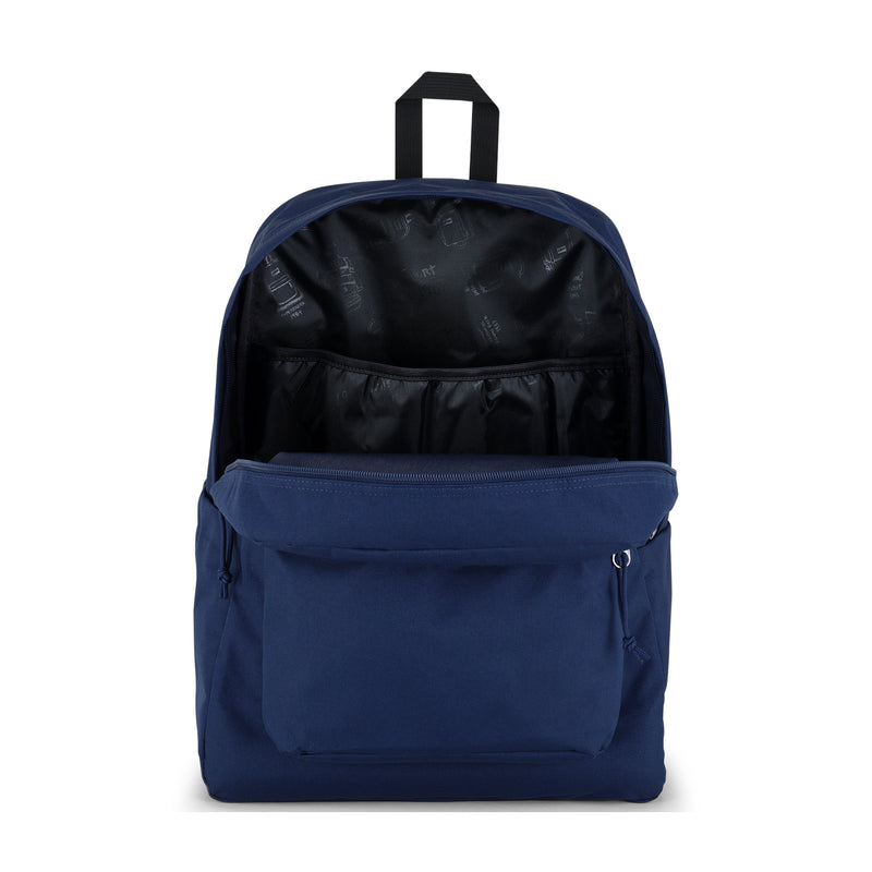 Navy Jansport backpack with open top compartment and front zip pocket