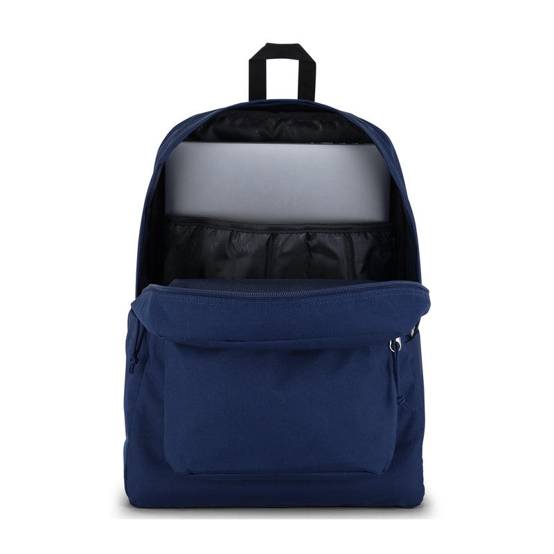 Navy Jansport backpack with open top lining and front zip pocket