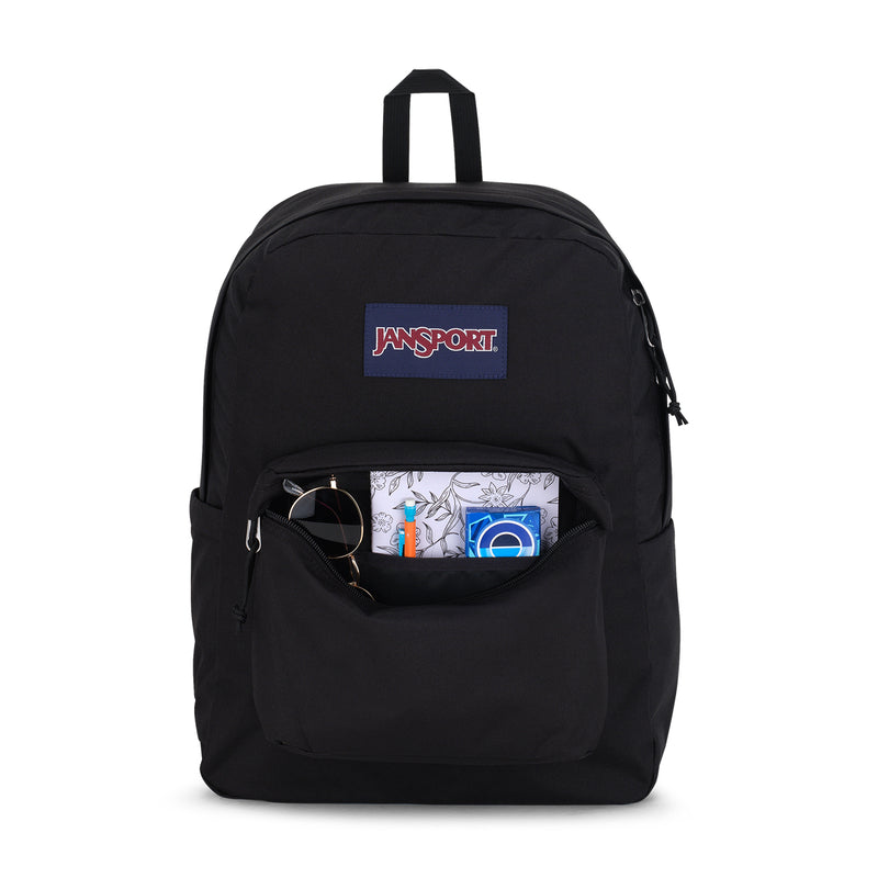 Black JanSport Superbreak Plus backpack front view with main zip and logo patch