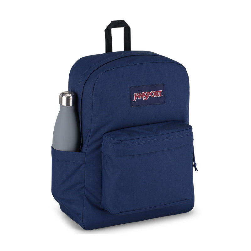 Navy Jansport backpack with side bottle pocket and front zip panel