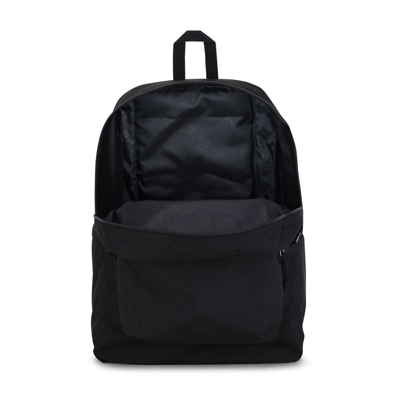 Black JanSport Superbreak Plus backpack, open back showing mesh-lined compartment