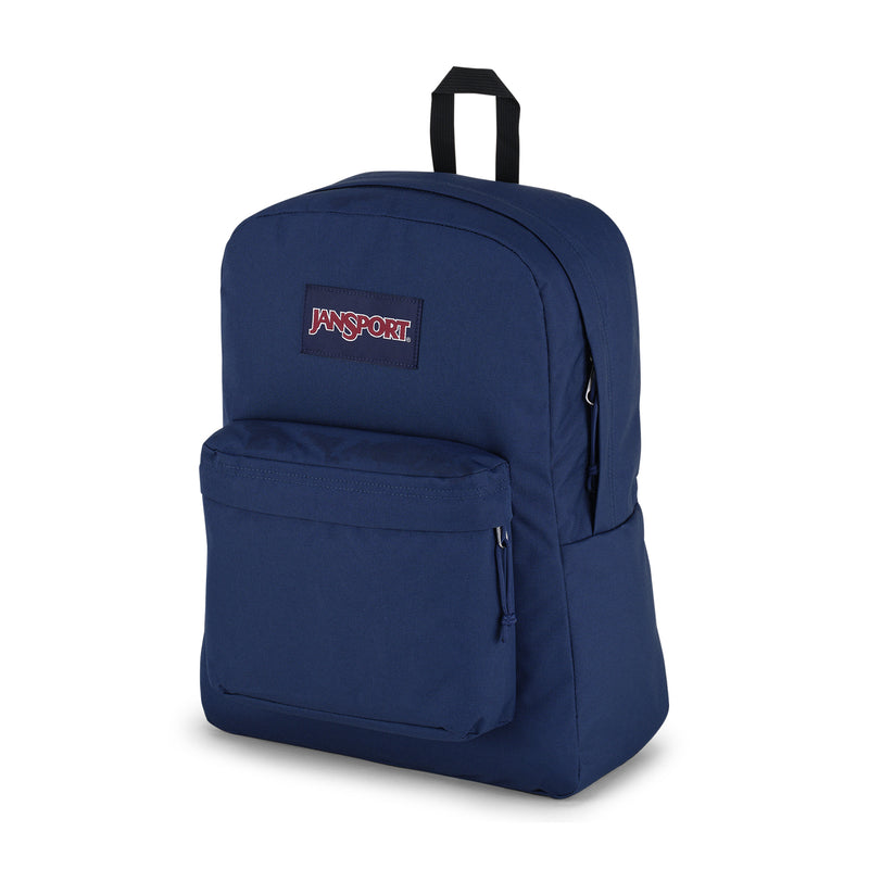 Navy Jansport backpack with front zip pocket and top handle