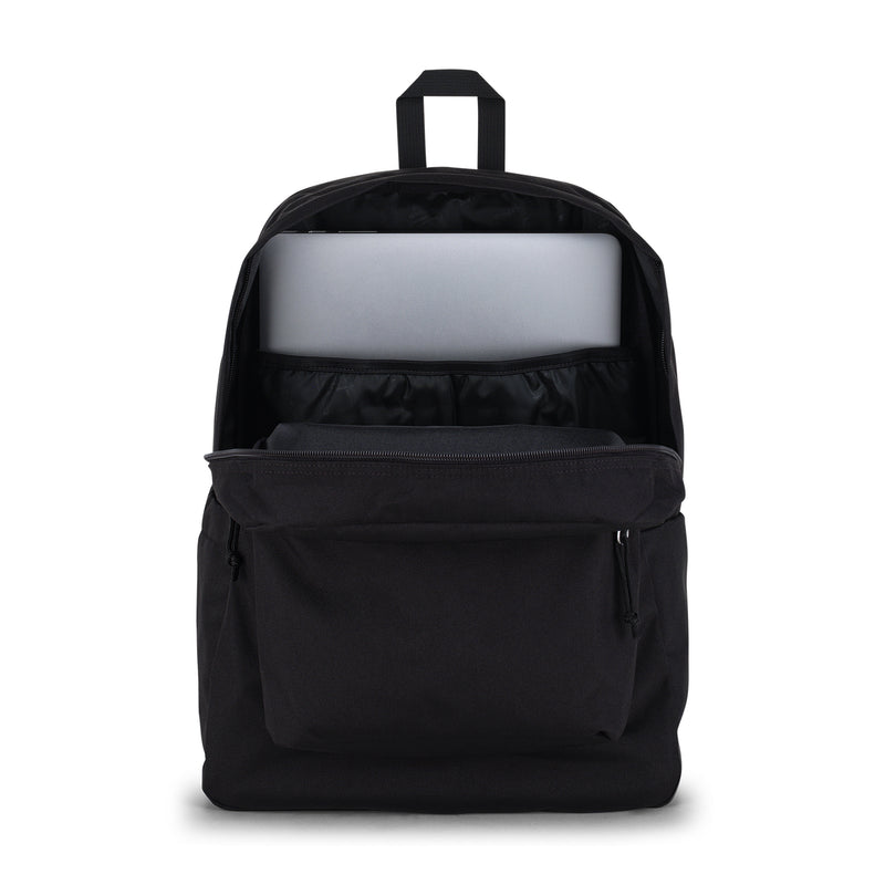 Black JanSport Superbreak Plus backpack front with open mesh top and zip storage